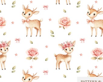 Seamless Baby Deer Pattern, Cute Woodland Fawn Digital Paper, Floral Bambi Background, Nursery Animal Design, Sublimation PNG, Fabric Design