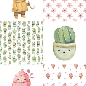 May include: A digital collage of illustrations featuring a bear wearing a yellow raincoat and holding an umbrella, a cactus in a pot with a smiling face, a pink ice cream cone with a smiling face, and three different seamless patterns: pink flowers, green cacti, and pink ice cream cones.