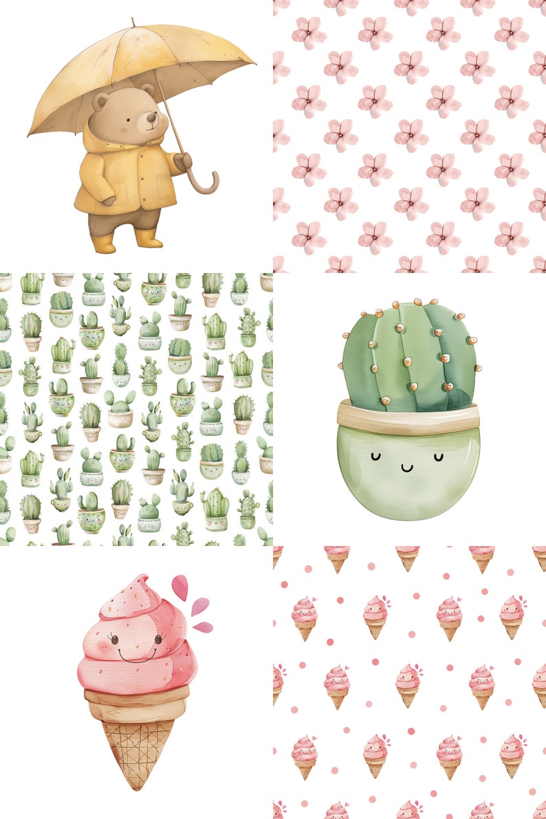 May include: A digital collage of illustrations featuring a bear wearing a yellow raincoat and holding an umbrella, a cactus in a pot with a smiling face, a pink ice cream cone with a smiling face, and three different seamless patterns: pink flowers, green cacti, and pink ice cream cones.