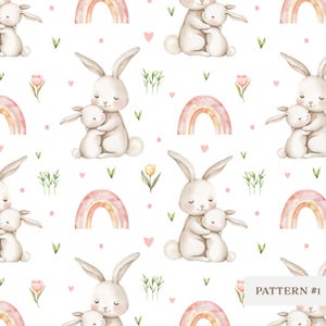Aquarell Hase Musterdesign, süße Mama und Baby Kaninchen, Regenbogen Digital Papier, Kinderzimmer Babyparty, Waldtier Stoff, Ostern PNG