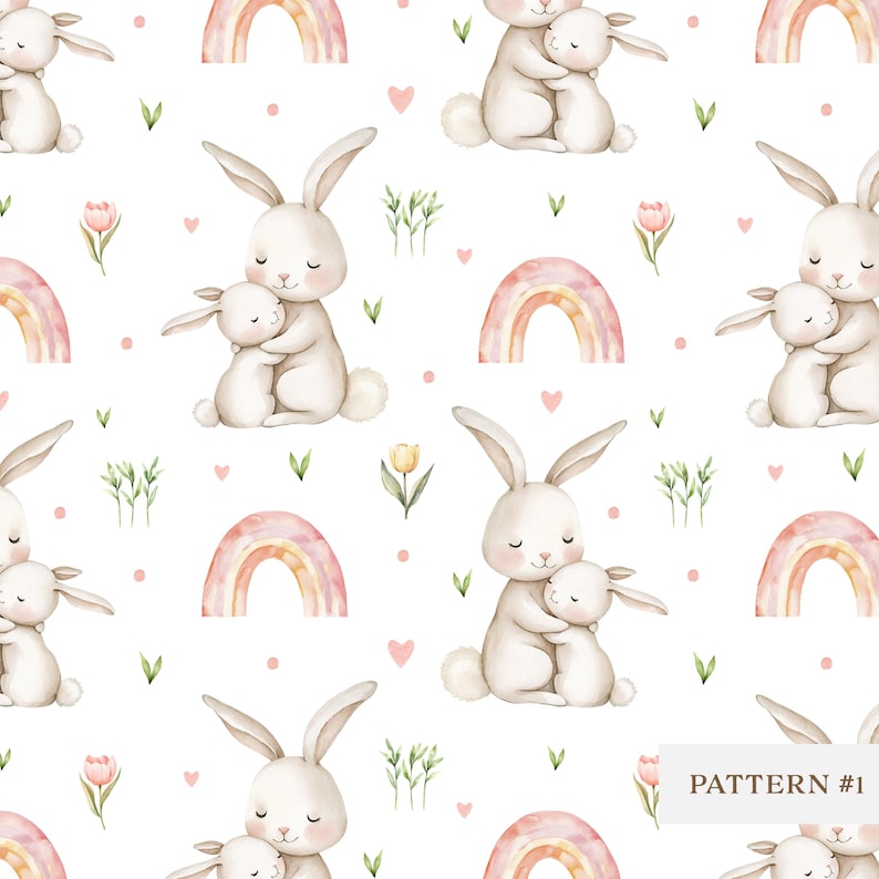 Watercolor Bunny Seamless Pattern, Cute Mama and Baby Rabbit, Rainbow ...