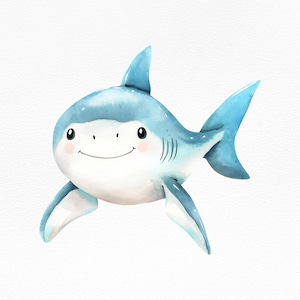 Watercolor Cute Shark Clipart – Baby Shark PNG for Kids Party Decor, Nursery Art, Sublimation, Scrapbooking, Stickers, Digital Download