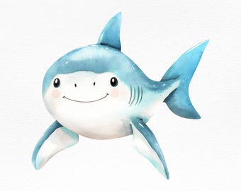 Watercolor Cute Shark Clipart – Baby Shark PNG for Kids Party Decor, Nursery Art, Sublimation, Scrapbooking, Stickers, Digital Download