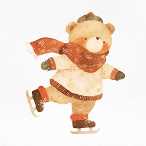 Ours de patinage sur glace clipart PNG-hiver bois patinage aquarelle ours-vacances de Noël-sublimation fichier-décor de chambre d'enfant-mignon ours en peluche