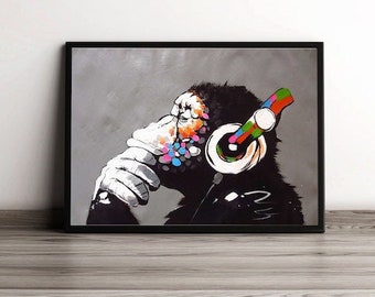 Banksy DJ Monkey, Gorilla Wall Art, Banksy Thinking Monkey, Headphones Chimp Music, Music Lover Monkey, Street Graffiti Art,Banksy Artwork