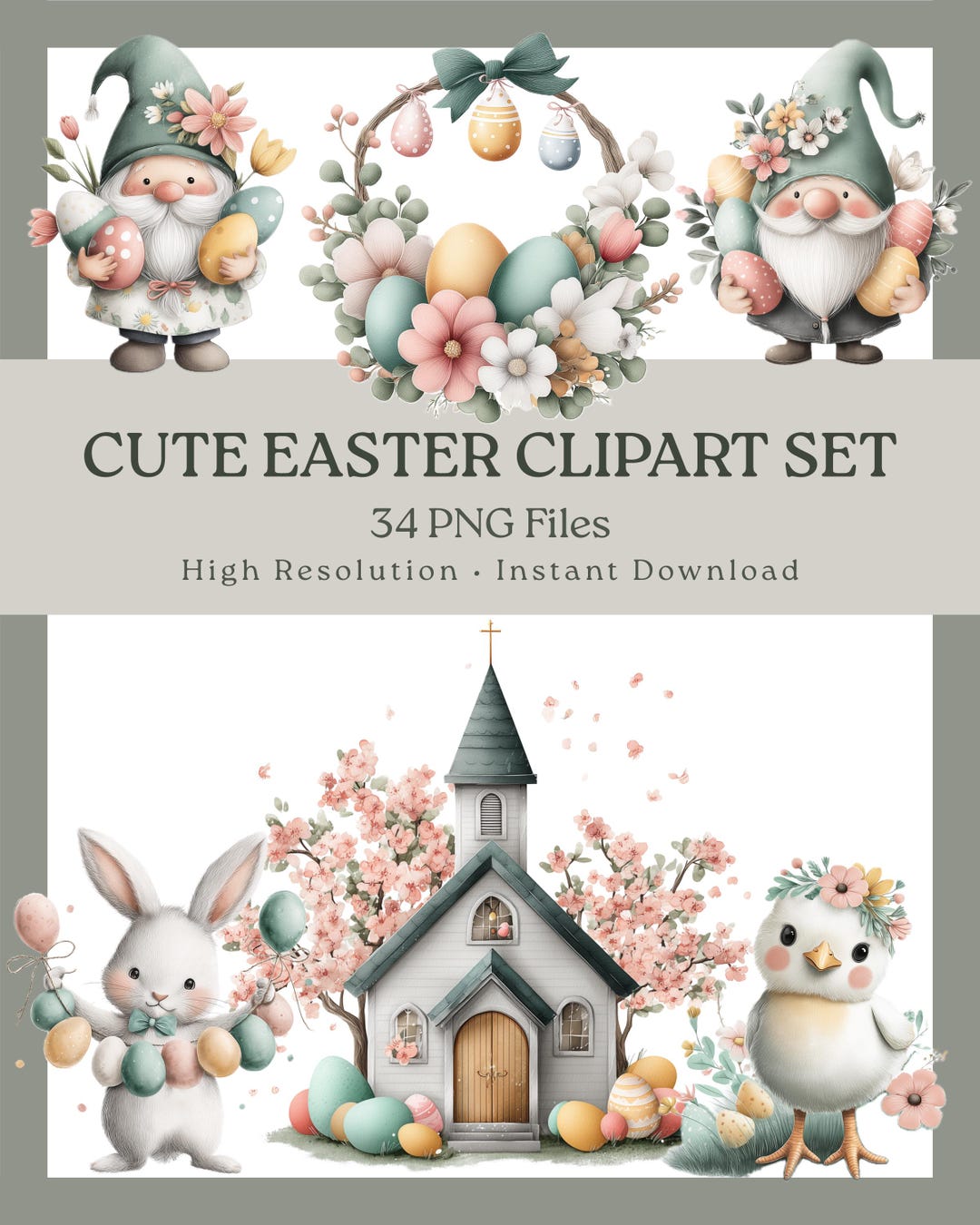 Pastel Easter Clipart Bundle, Bunny, Chick, Spring PNG (commercial Use ...