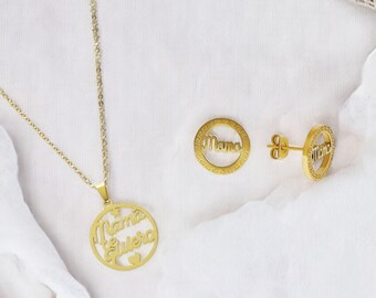 Conjunto Joyería "Mamá Te Quiero"-Collar y pendientes de acero 316L con medalla