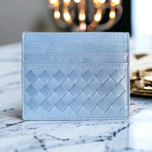 Blue Genuine Leather Slim Card Holder Wallet, Intrecciato Card Holder, Minimalist Wallet, Handmade Slim Card Case, Luxury Gift