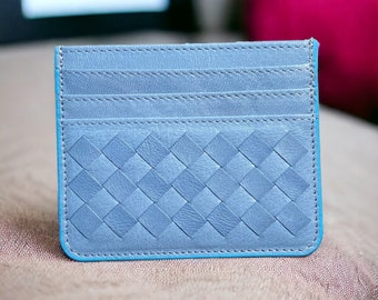 Blue Intrecciato Leather Card Holder, Slim Genuine Leather Card Holder Wallet, Minimalist Wallet, Handmade Leather Wallet