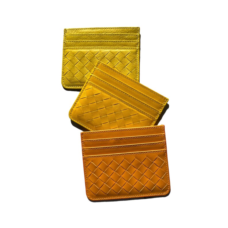 Yellow Leather Card Holder, Intrecciato Slim Genuine Leather Card Case ...
