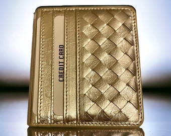 Gold Intrecciato Leder Bi-Fold Portemonnaie, handgemachtes schlankes Echtleder Portemonnaie, minimalistisches Leder Portemonnaie, Jubiläumsgeschenk, Luxusgeschenk