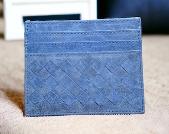 Blue Genuine Leather Slim Card Holder Wallet, Intrecciato Card Holder, Minimalist Wallet, Handmade Slim Card Case, Luxury Gift