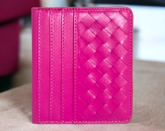 Fuchsia Slim Genuine Leather Bi-fold Wallet, Handmade  Intrecciato Leather Wallet, Minimalist Leather Wallet, Anniversary Gift, Luxury Gift