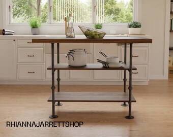 Industrial kitchen island with steel and wood, pipe and wood construction, and kitchen table