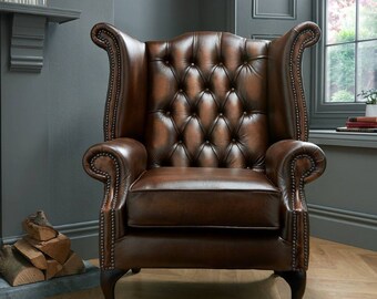 Antique Tan Leather Chesterfield Queen Anne High Back Wing Chair