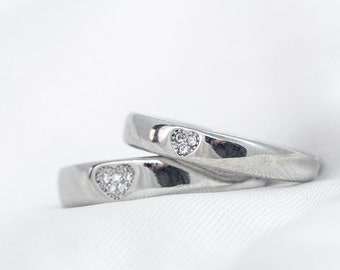 Adjustable Silver Couple Heart Zircon Promise Ring Set