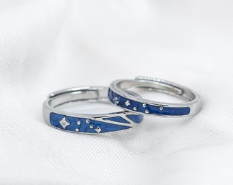 Silver Blue Star Couple Space Adjustable Promise Ring Set