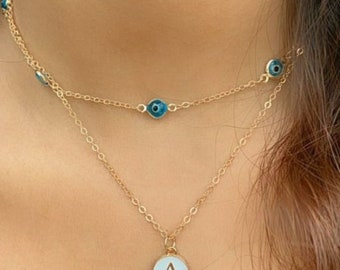 Personalised Two Layer Evil Eye Necklace Initial Turkish Boho Choker Necklace