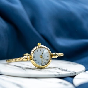 Gold Stainless Steel Roman White Dial Bangle Adjustable Bracelet Watch