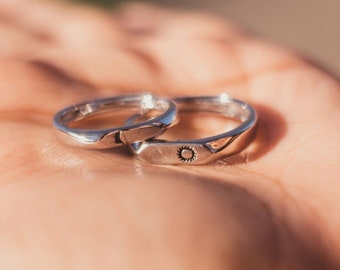 Flat Top Moon and Sun Promise Couple Matching Ring Set