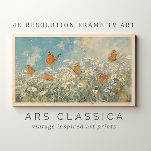 Samsung Frame TV Art, Monarch Butterfly Painting, Flower Meadow, Spring Cottage Painting, Warm Tone, Digital Download Frame TV Art | TV-094
