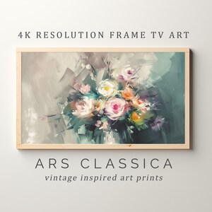 Flower Painting Frame TV Art, Antique Dark Green Peach Wildflower Screensaver, Earthy Organic Floral Vintage Botanical Summer Decor | TV-125