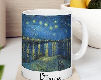 Taza con pintura de Vincent van Gogh Taza para regalo Taza Noche estrellada Sobre el Ródano Taza artística única con firma del artista Regalo único 11OZ