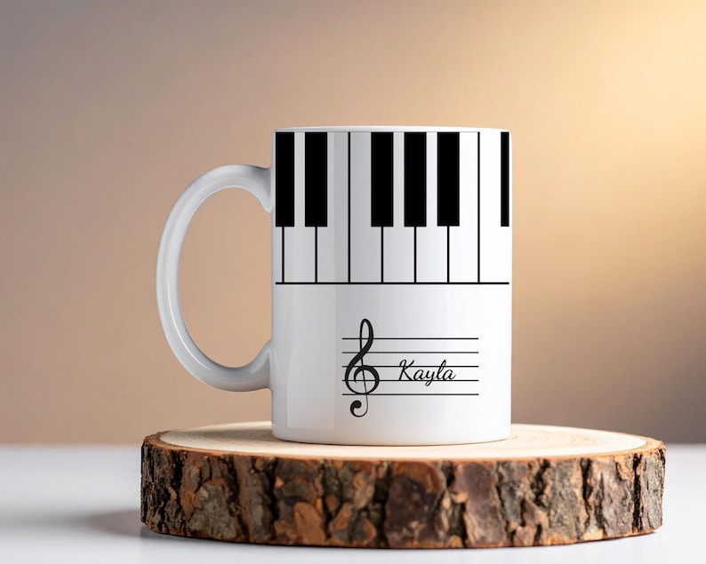 May include: A white ceramic mug featuring a black and white piano keyboard pattern around the top section. Below the keyboard, a black treble clef symbol is printed on a musical staff with the name Kayla written in black script lettering.