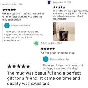 K&ouml;nnte beinhalten: F&uuml;nf Sterne Bewertung f&uuml;r eine Tasse mit einem Gem&auml;lde einer Frau. Der Rezensent sagt: "Die Tasse war wundersch&ouml;n und ein perfektes Geschenk f&uuml;r einen Freund! Sie kam p&uuml;nktlich an und die Qualit&auml;t war ausgezeichnet!"