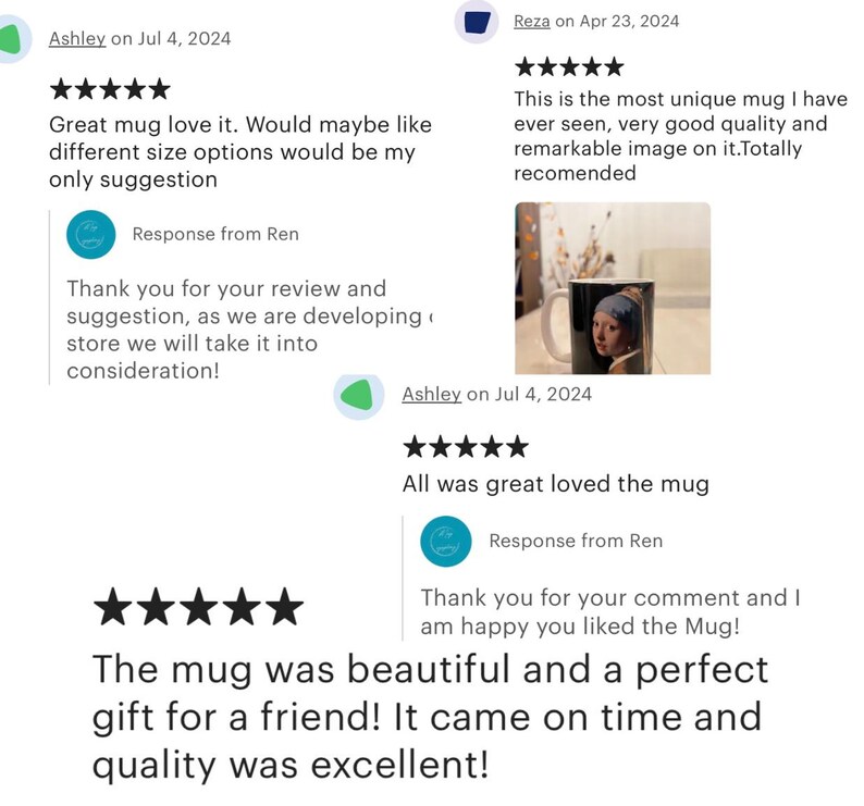 K&ouml;nnte beinhalten: F&uuml;nf Sterne Bewertung f&uuml;r eine Tasse mit einem Gem&auml;lde einer Frau. Der Rezensent sagt: "Die Tasse war wundersch&ouml;n und ein perfektes Geschenk f&uuml;r einen Freund! Sie kam p&uuml;nktlich an und die Qualit&auml;t war ausgezeichnet!"