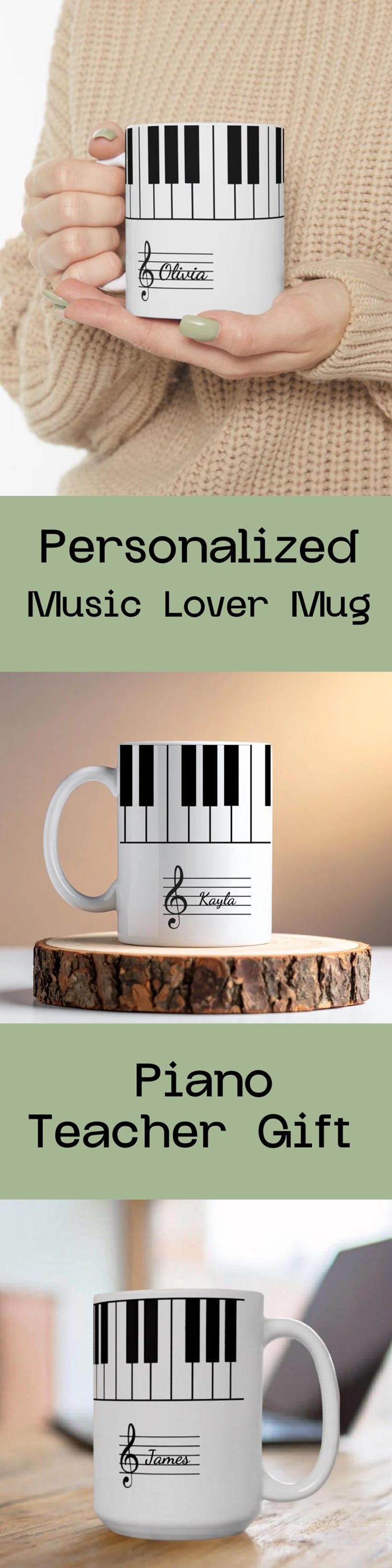 May include: A white ceramic mug featuring a black and white piano keyboard pattern around the top rim. Below the keys, a black musical staff with a treble clef and a customizable name written in cursive script is printed on the front surface.