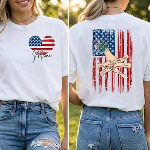 Personalized Mimi American Flag Heart Shirt, Custom Grandkids Names Shirt, Two Sided Mother's Day Tee, Fourth of July Gift for Grandma Mimi