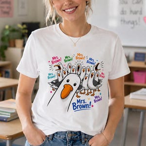 Personalized Name Shirt for Teachers, Funny Bird Cartoon Tee, Custom Name Gift for Her, School Staff Uniform, Humorous Seagull Shirt