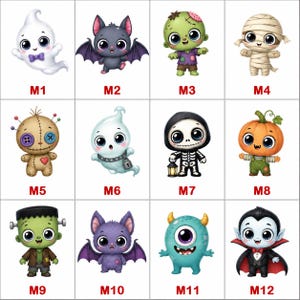 May include: A grid of twelve cartoon Halloween characters labeled M1 through M12, including a white ghost, a purple bat, a green zombie, a mummy, a voodoo doll, a ghost with a chain, a skeleton, a pumpkin, Frankenstein, a bat, a monster, and a vampire.