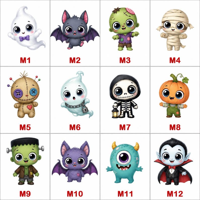 May include: A grid of twelve cartoon Halloween characters labeled M1 through M12, including a white ghost, a purple bat, a green zombie, a mummy, a voodoo doll, a ghost with a chain, a skeleton, a pumpkin, Frankenstein, a bat, a monster, and a vampire.