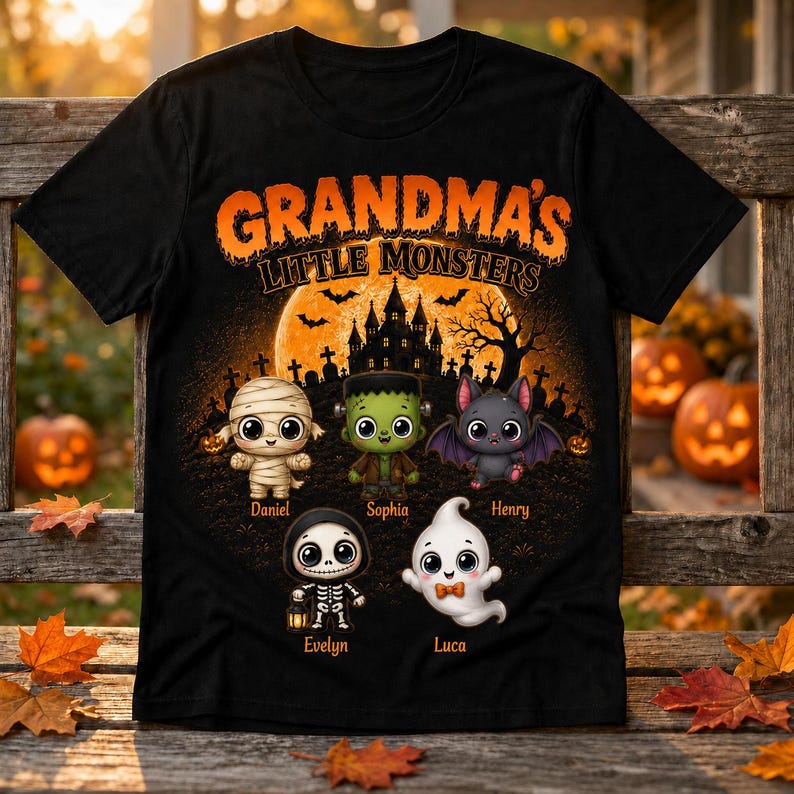 May include: A black t-shirt featuring the orange text "GRANDMA'S LITTLE MONSTERS" above a Halloween scene with a haunted house, bats, and five cartoon monsters: a mummy, Frankenstein, a bat, a skeleton, and a ghost with names below each.