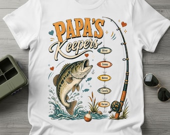 Papa's Keepers Fishing Shirt, Personalized Grandpa Fishing T-Shirt, Custom Grandkids Name Fisherman Gift, Father's Day Papa Gift