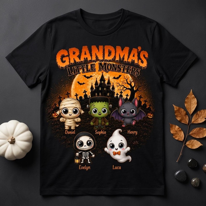 May include: A black t-shirt featuring a graphic print with the text "GRANDMA'S LITTLE MONSTERS" above a Halloween scene. The design includes a mummy, Frankenstein's monster, a bat, a skeleton, and a ghost with the names Daniel, Sophia, Henry, Evelyn, and Luca.