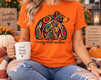 Maglietta arancione "Ogni bambino conta", maglietta con orsa indigena e cuccioli, maglietta per la Giornata della verità e della riconciliazione, regalo per la sensibilizzazione sulle Prime Nazioni.