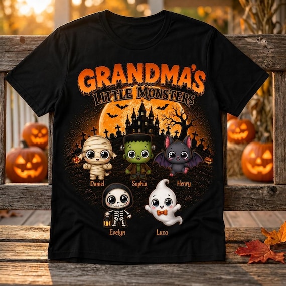 Personalized Grandma's Little Monsters Halloween Shirt, Custom Grandkids Names  Spooky Nana Tee, Haunted House Halloween Gift For Mimi Gigi