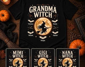 May include: A black t-shirt featuring a graphic of a witch flying on a broomstick in front of a full moon. The text reads GRANDMA WITCH, with names Florence, Bonnie, Michael, Gabriel, and Margot arranged around the moon, surrounded by bats.