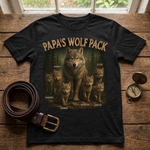 May include: Black t-shirt featuring a wolf family graphic with the text "Papa's Wolf Pack." The design includes a large wolf surrounded by smaller wolves, with names like Anna, Elise, Harry, James, Sophia, and David.