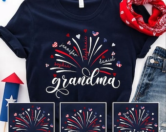Personalized Firework USA Flag Grandma And Kids Shirt, Gift For Patriotic Nana Gigi Mimi, 4th of July Independence Day Gift