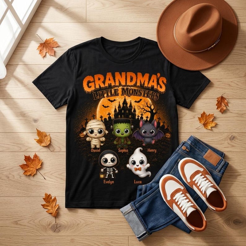 May include: A black t-shirt featuring the text "GRANDMA'S LITTLE MONSTERS" above a Halloween scene with a haunted castle, a full moon, and five cartoon characters: a mummy, Frankenstein's monster, a bat, a skeleton, and a ghost with names.