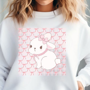 Cute, coquette bunny sweatshirt, preppy pink bows and bunny, adorable rabbit sweater, perfect gift for teens, pre-teens, ladies