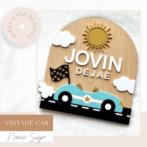 Vintage Car Kids Name Sign, Race Car Nursery, Car Nursery Decor, Car Name Sign, Boys Name Sign, Retro Car, Car Nursery Wall Art, Boys Room