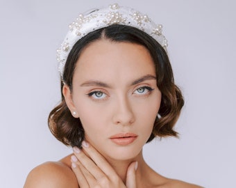 Bridal headband in Calais lace embroidered with pearls and crystals, CANDICE