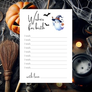 Deseos de nacimiento / Lindas tarjetas de deseos de nacimiento con temática de fantasmas / Recuerdo de baby shower y regalo para nueva mamá Halloween, Doula, tarjeta de bebé, juegos de baby shower