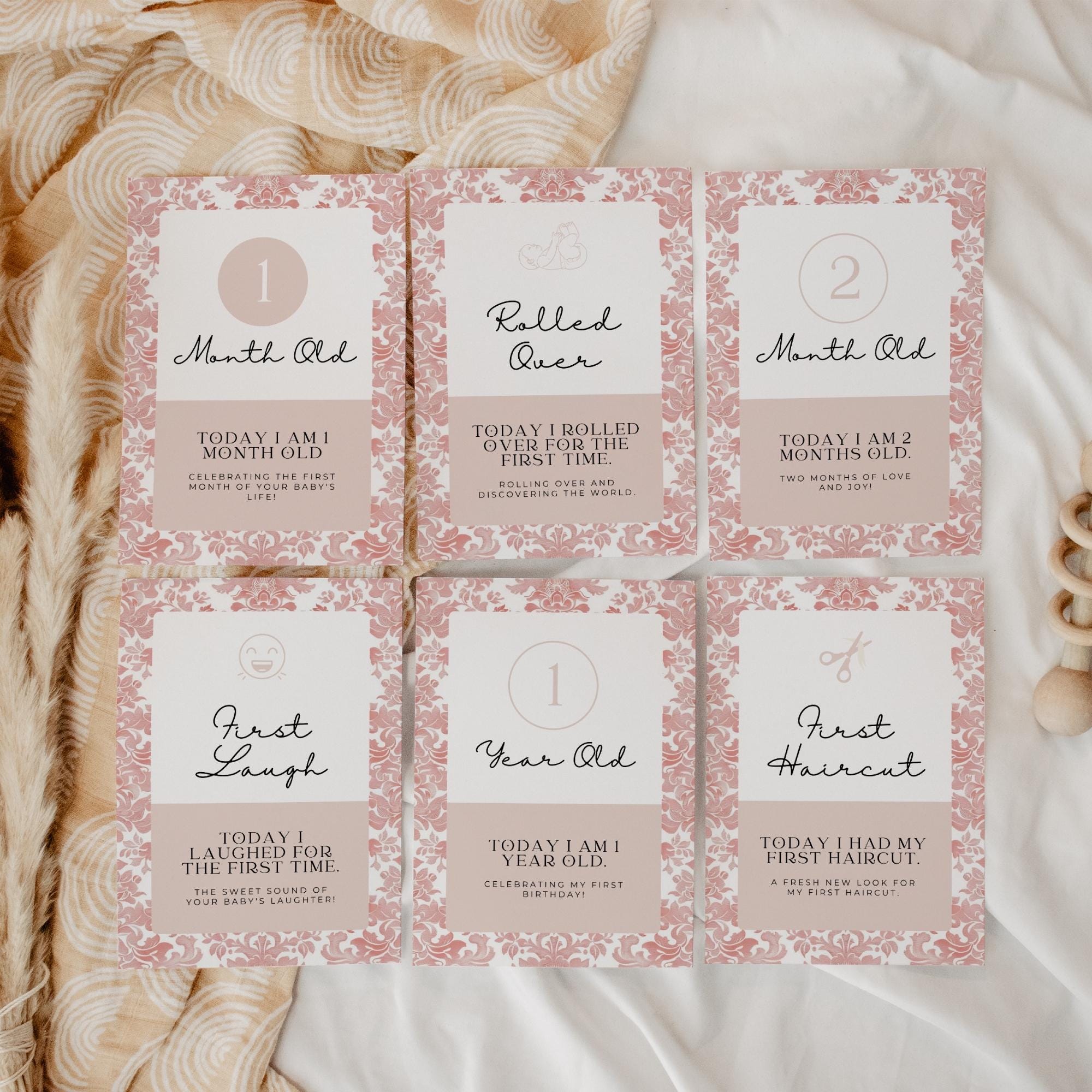 Baby Milestone Cards | Printable 40 Pink Toile 5x7 Cards for Baby’s ...