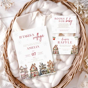 Il faut un hiver d'invitation de baby shower de | Invitation village de Noël |  Imprimable bébé | carte de voeux de bébé | Non sexiste | Tirage au sort des couches